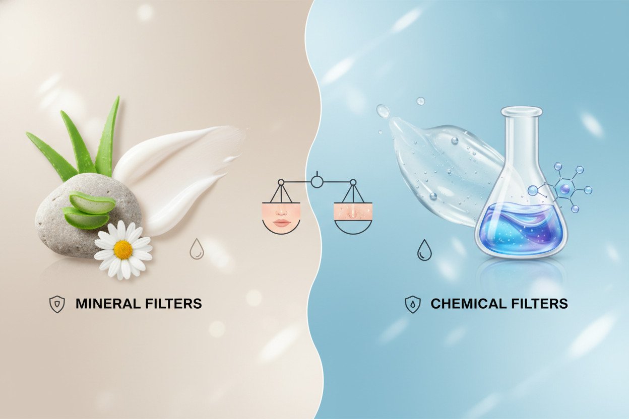 Filtry mineralne kontra chemiczne — porównanie dla skóry wrażliwej i tłustej