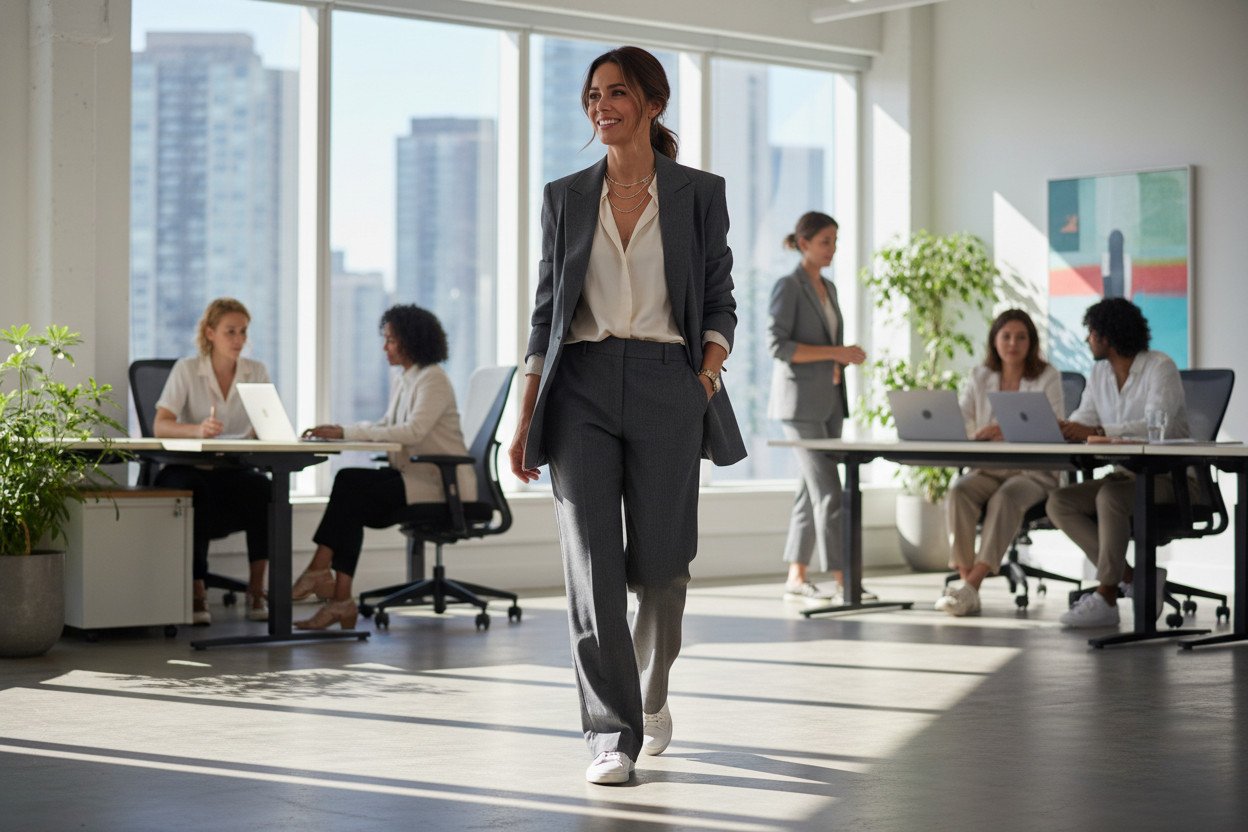 Garnitur damski w pracy — elegancki look bez sztywności